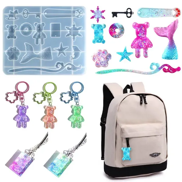 Varias figuras, oso, cola de sirena, estrellas, llave, etc